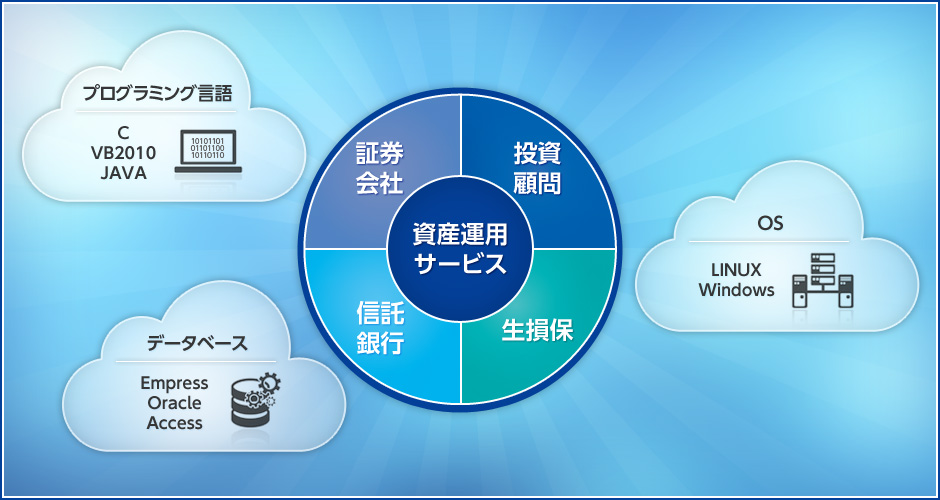 複数言語（ C, VB, Java ）複数データベース（Empress、Oracle、Access）複数OS（LINUX、Windows）で開発